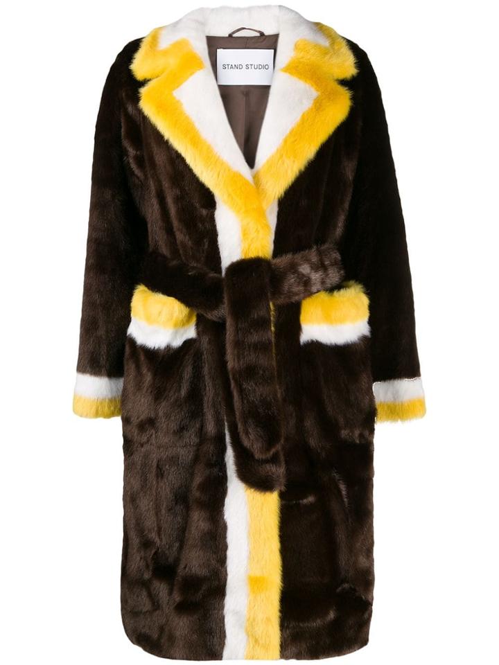 Stand Fur Colour-block Coat - Brown