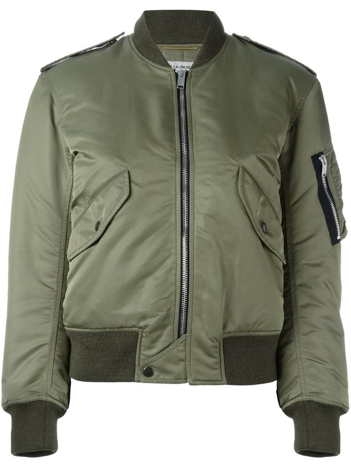Saint Laurent Classic Bomber Jacket, Women's, Size: 40, Green, Nylon/wool/cotton
