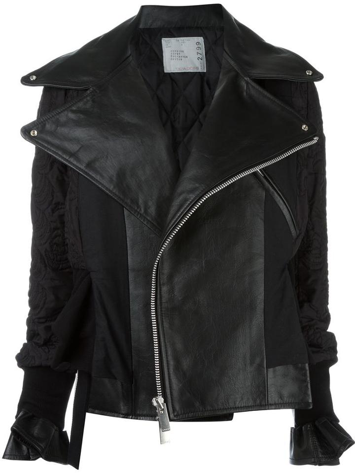 Sacai Biker-style Bomber Jacket, Women's, Size: 1, Black, Calf Leather/polyester/cupro