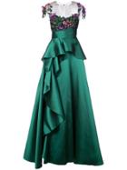 Marchesa Notte Floral-appliquéd Peplum Gown - Green