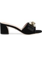 Gucci Velvet Mid-heel Slide With Bee - Black
