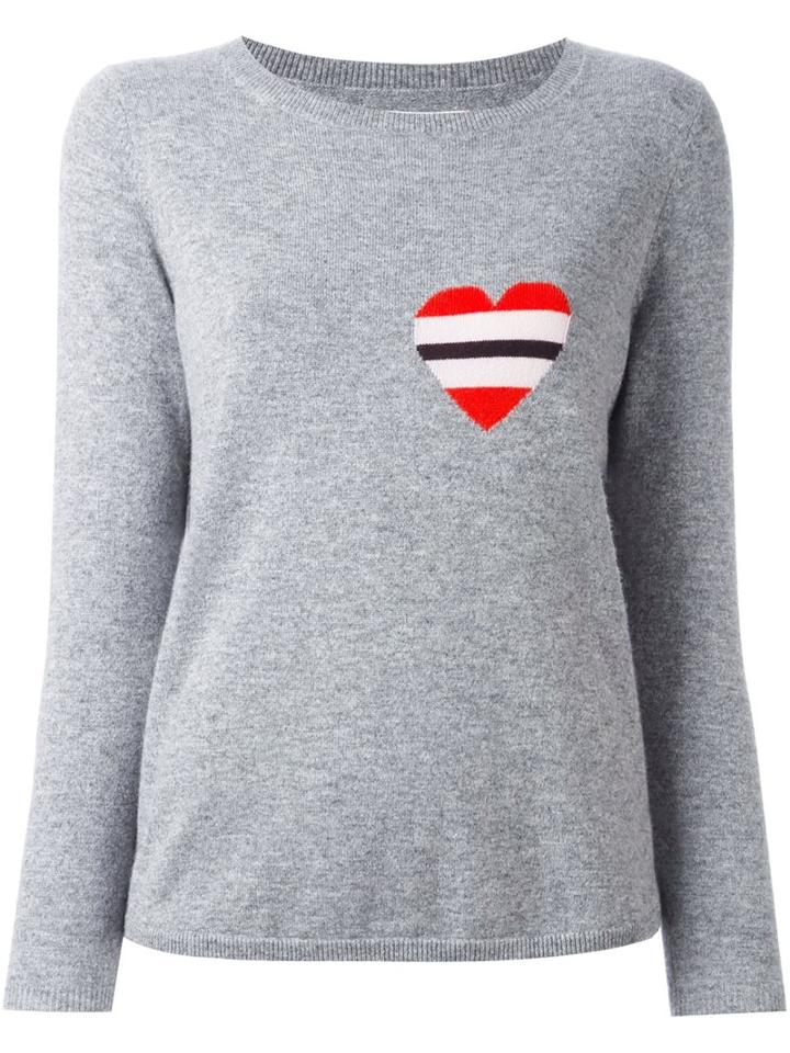 Chinti And Parker Striped Heart Logo Sweater, Women's, Size: Large, Grey, Cashmere