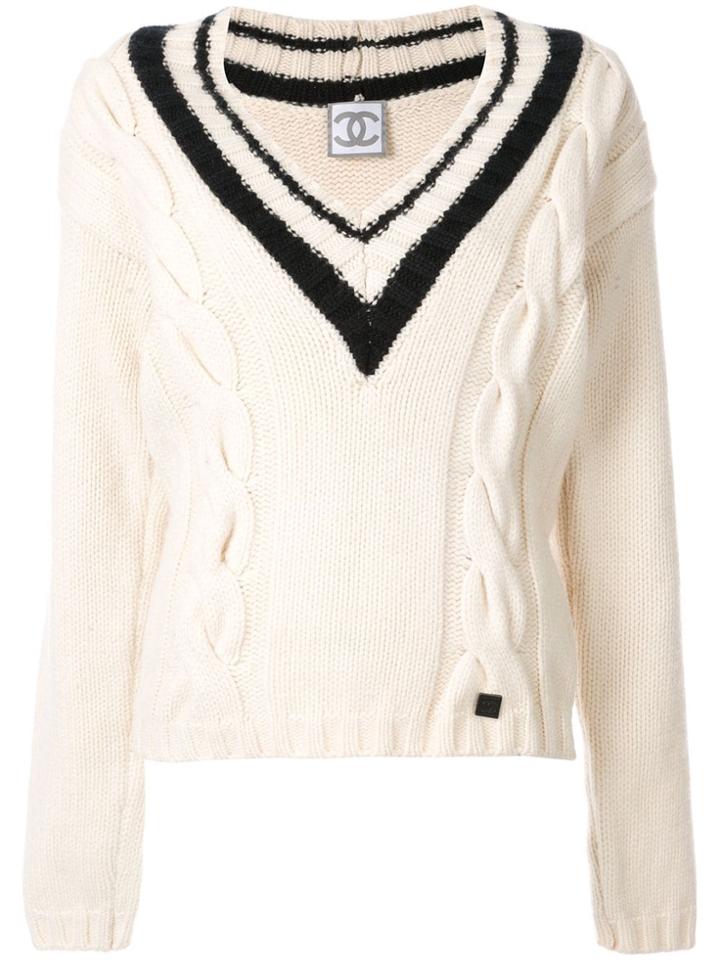 Chanel Vintage Cable Knit V-neck Jumper - White