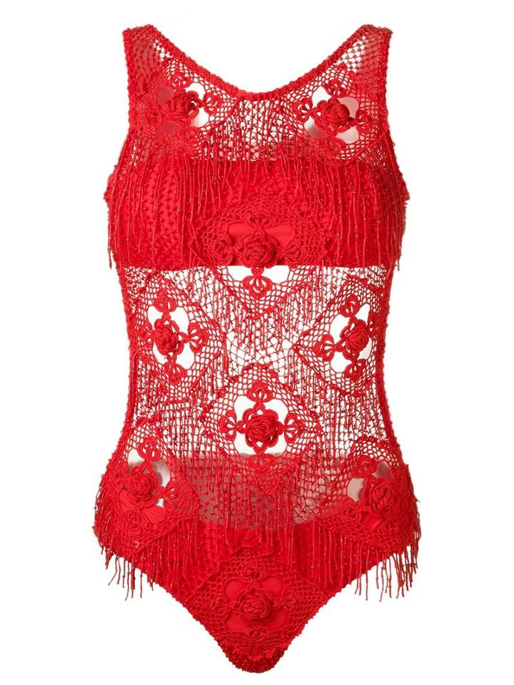 Amir Slama Crochet Swimsuit, Women's, Size: Medium, Red, Elastodiene