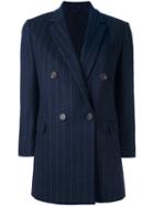 Brunello Cucinelli Pinstripe Double Breasted Coat, Women's, Size: 44, Blue, Silk/cotton/acetate/wool