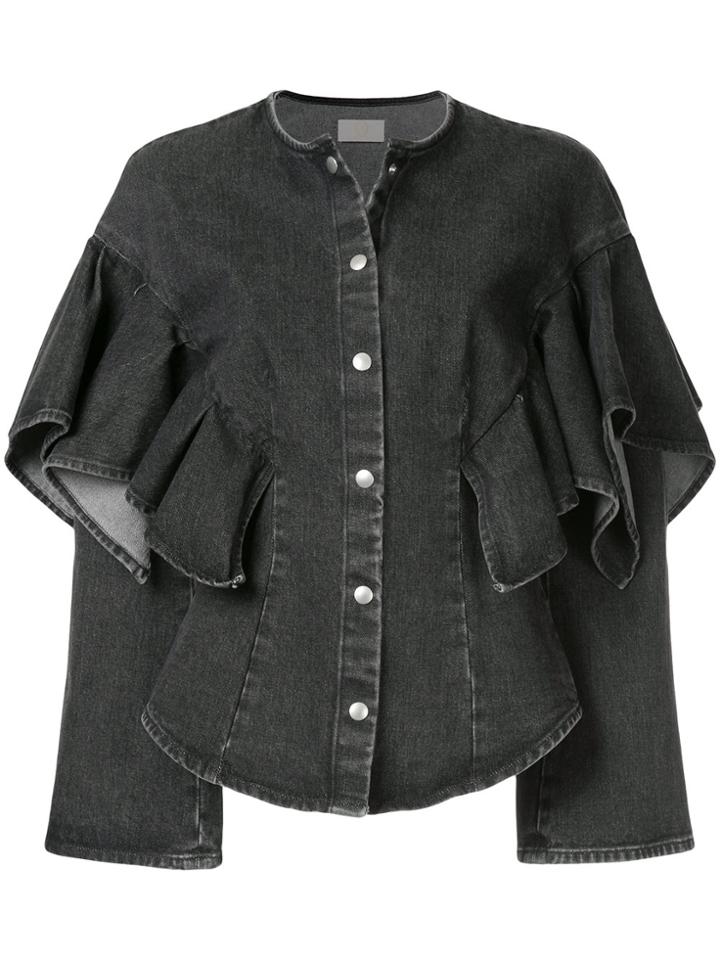 Sara Battaglia Ruffle Sleeve Denim Jacket - Grey