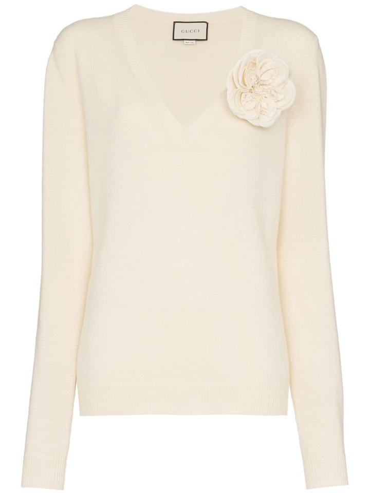 Gucci Flower Appliqué Cashmere Sweater - White
