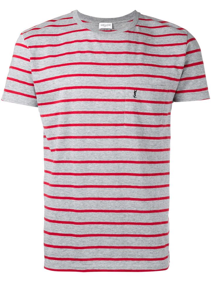 Saint Laurent Logo Embroidered Striped T-shirt, Men's, Size: Large, Grey, Cotton