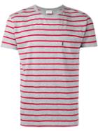 Saint Laurent Logo Embroidered Striped T-shirt, Men's, Size: Large, Grey, Cotton