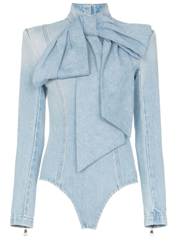 Balmain Pussybow Denim Bodysuit - Blue
