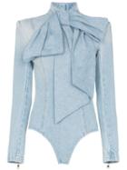 Balmain Pussybow Denim Bodysuit - Blue