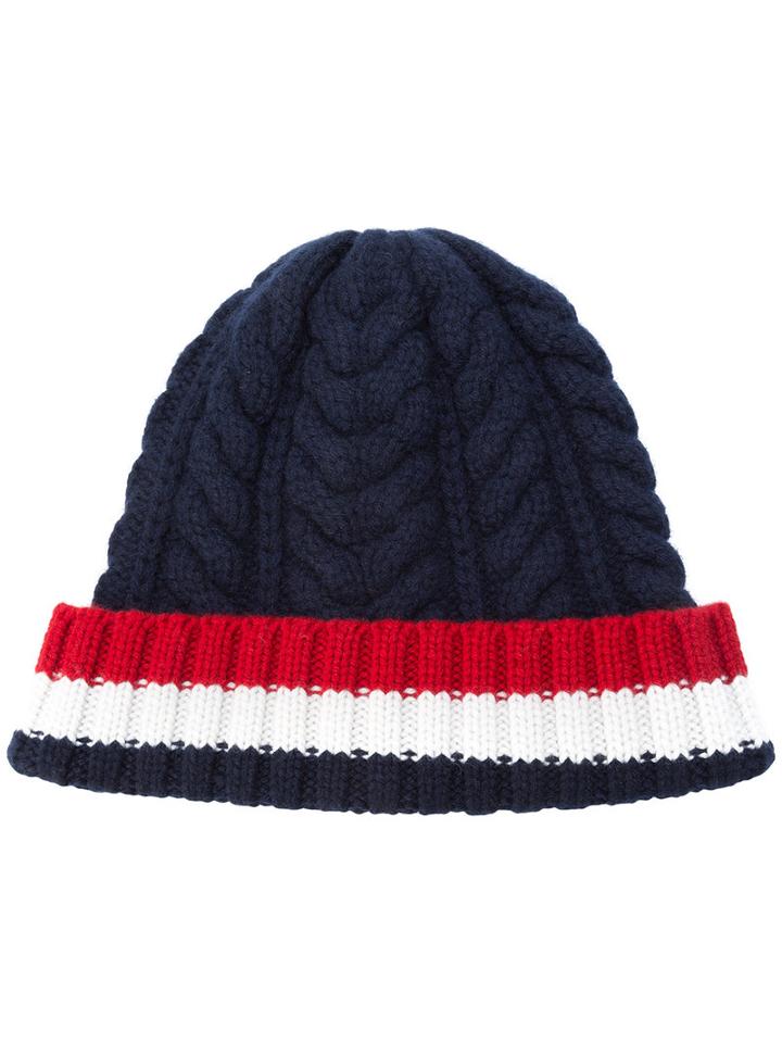 Thom Browne - Cable Knit Stripe Panel Beanie - Women - Cashmere - One Size, Blue, Cashmere