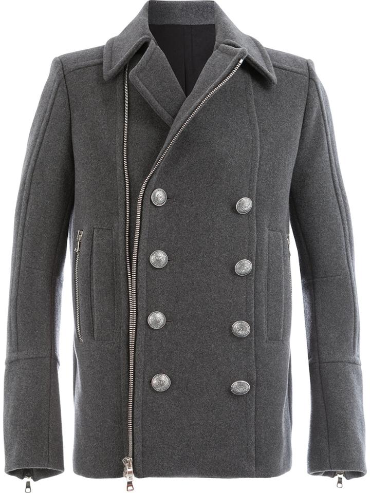 Balmain Zipped Double-breasted Coat - Grey