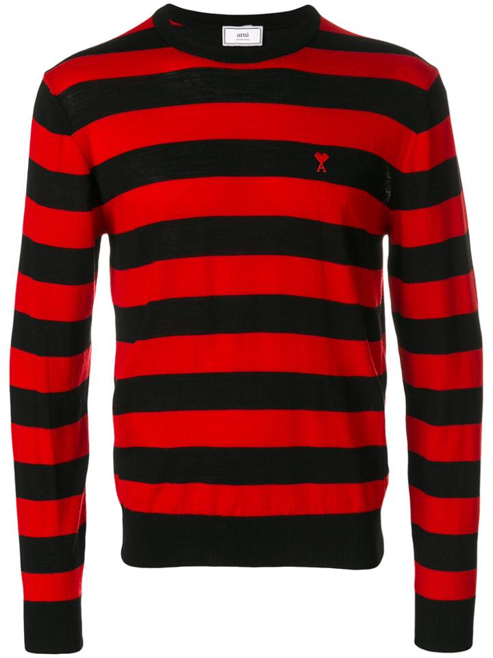 Ami Alexandre Mattiussi Striped Logo Embellished Sweater - Red