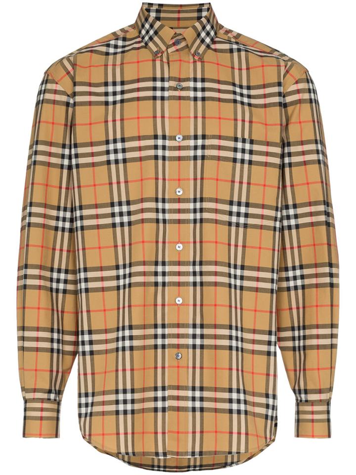 Burberry Check Print Cotton Long Sleeve Shirt - Brown