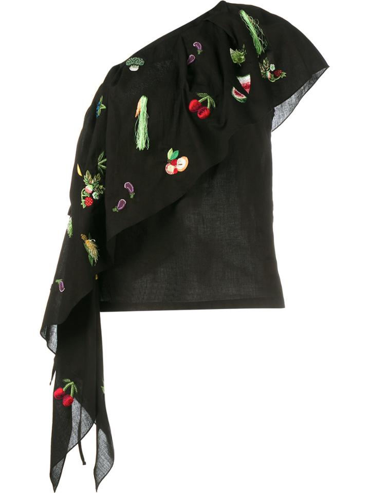 Rosie Assoulin Fruit Embroidered One Shoulder Top - Black