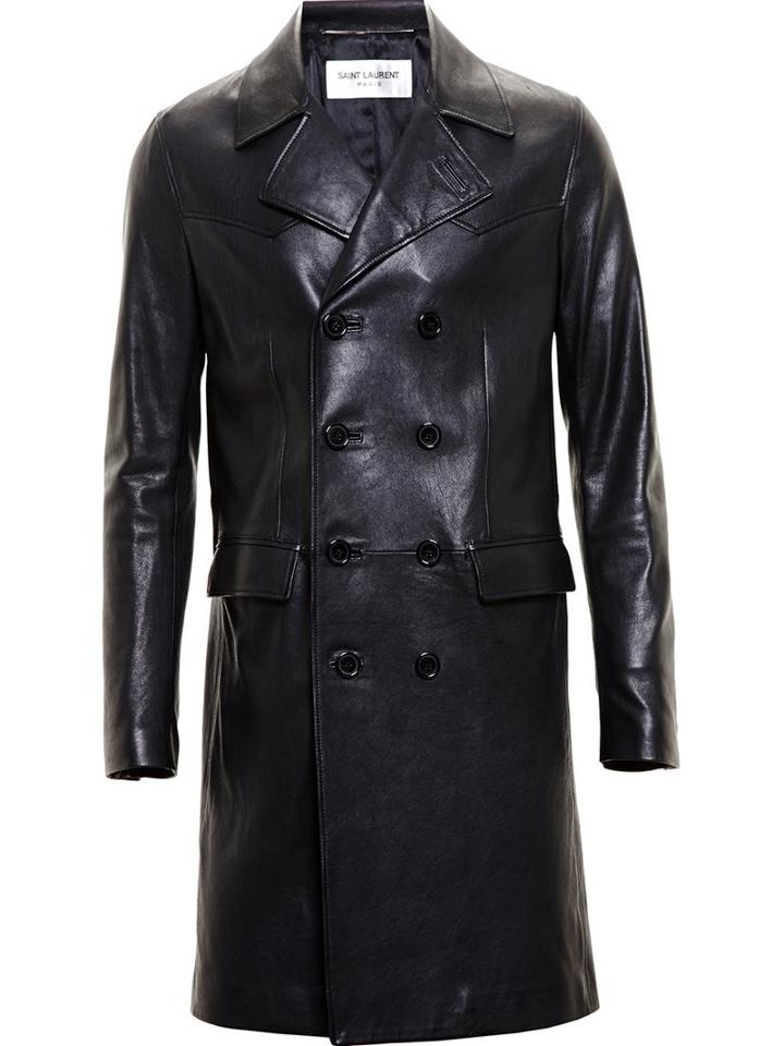 Saint Laurent Double Breasted Trench Coat, Men's, Size: 54, Black, Lamb Skin