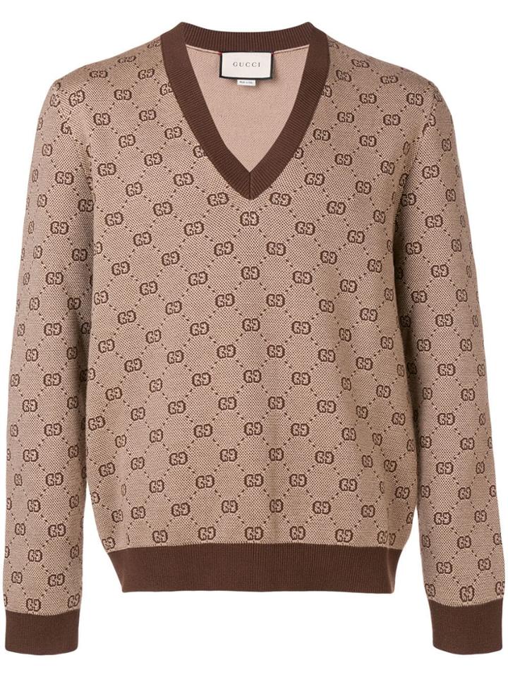 Gucci Gg Jacquard Knit V-neck Sweater - Brown