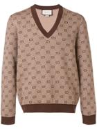 Gucci Gg Jacquard Knit V-neck Sweater - Brown
