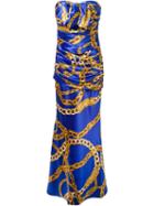 Boutique Moschino Chain Print Ruched Dress, Women's, Size: 46, Blue, Polyester/other Fibres