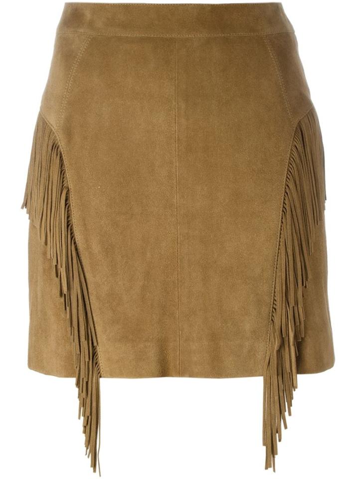 Saint Laurent Fringed Skirt, Women's, Size: 40, Brown, Goat Skin/silk