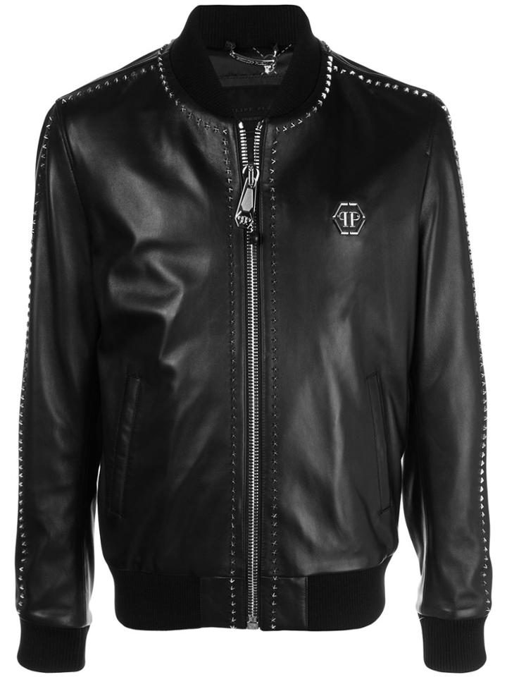Philipp Plein Star Studded Leather Bomber Jacket - 02/blk