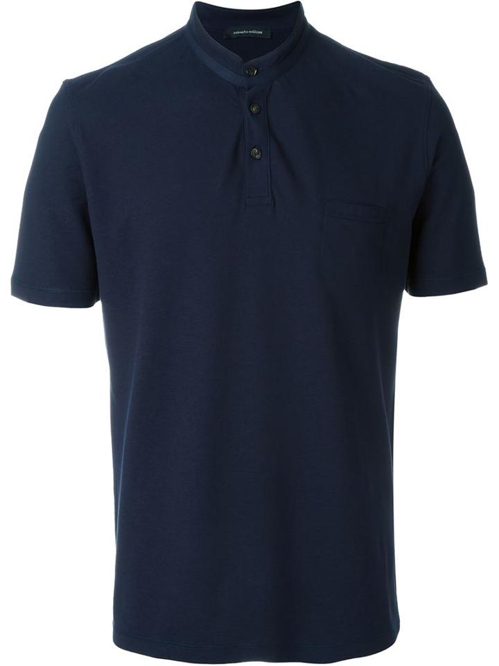 Roberto Collina Mandarin Collar Polo Shirt, Men's, Size: 46, Blue, Cotton