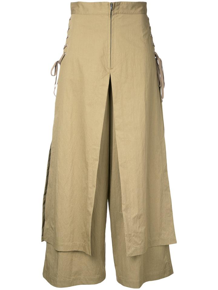 G.v.g.v. - Lace Up Layered Wide Trousers - Women - Cotton/nylon - 34, Brown, Cotton/nylon
