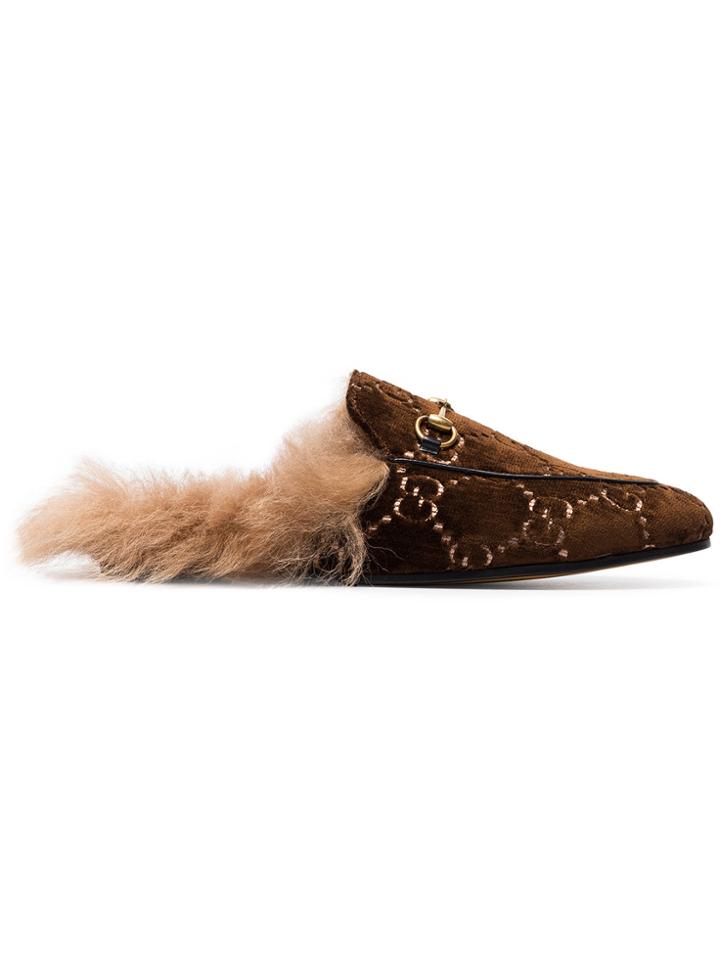 Gucci Brown Princetown Gg Supreme Lambswool Lined Loafers