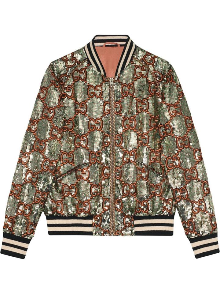 Gucci Sequin Bomber Jacket With Gg Embroidery - Neutrals