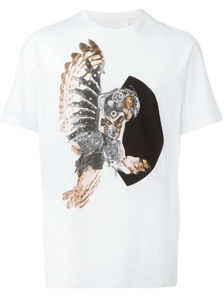 Neil Barrett Mechanical Owl Print T-shirt, Men's, Size: Small, White, Cotton