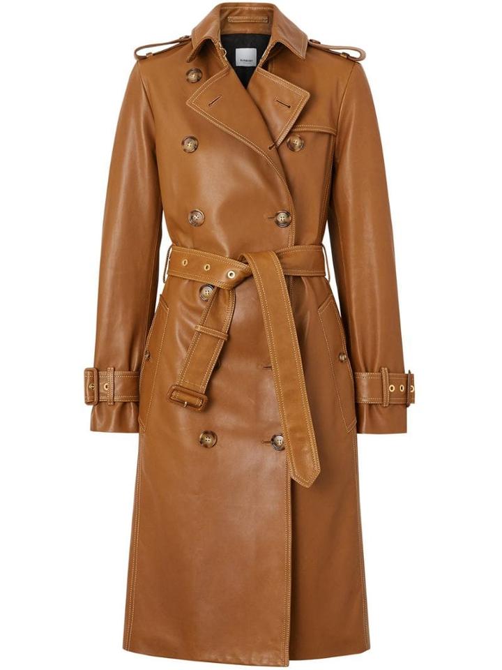 Burberry Topstitch Detail Lambskin Trench Coat - Brown