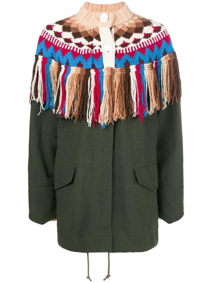 Sacai Knit Detail Fringed Coat - Green