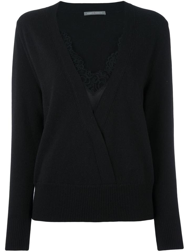 Alberta Ferretti Lace Inset V Neck Jumper, Women's, Size: 48, Black, Silk/cashmere/virgin Wool
