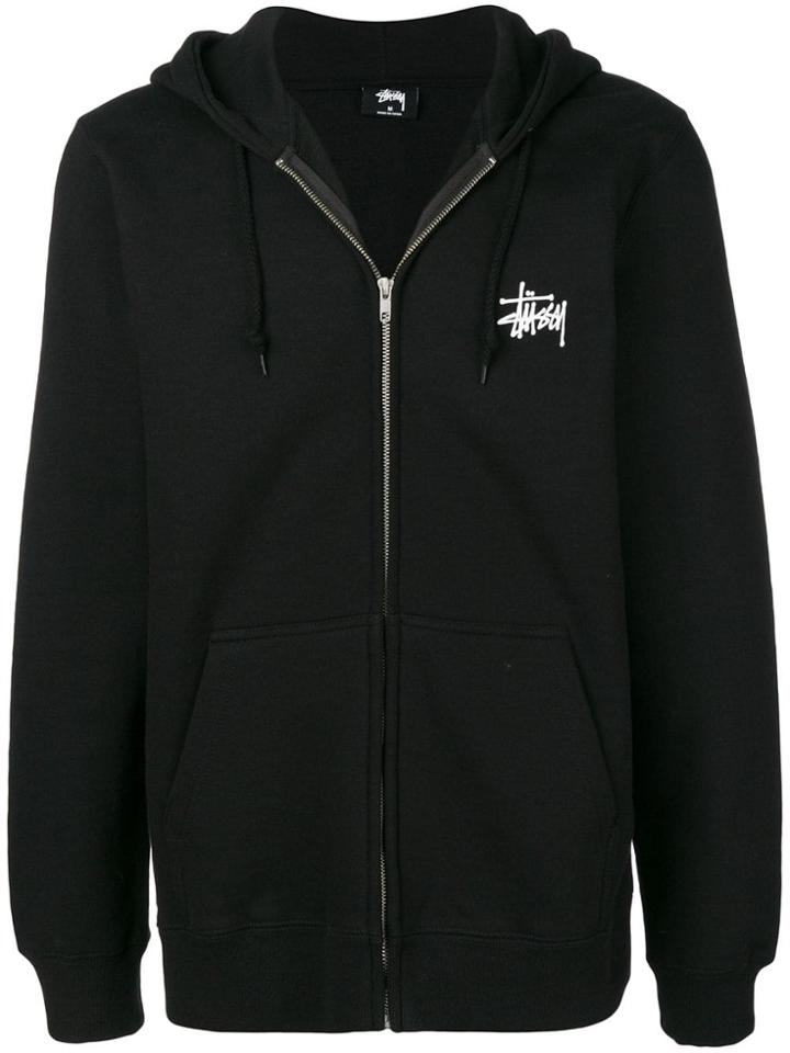 Stussy Logo Print Zipped Hoodie - Black