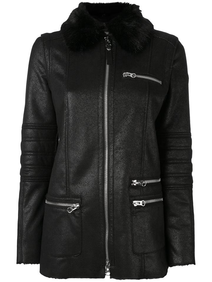 Armani Jeans - Fur Collar Coat - Women - Polyester - 38, Black, Polyester