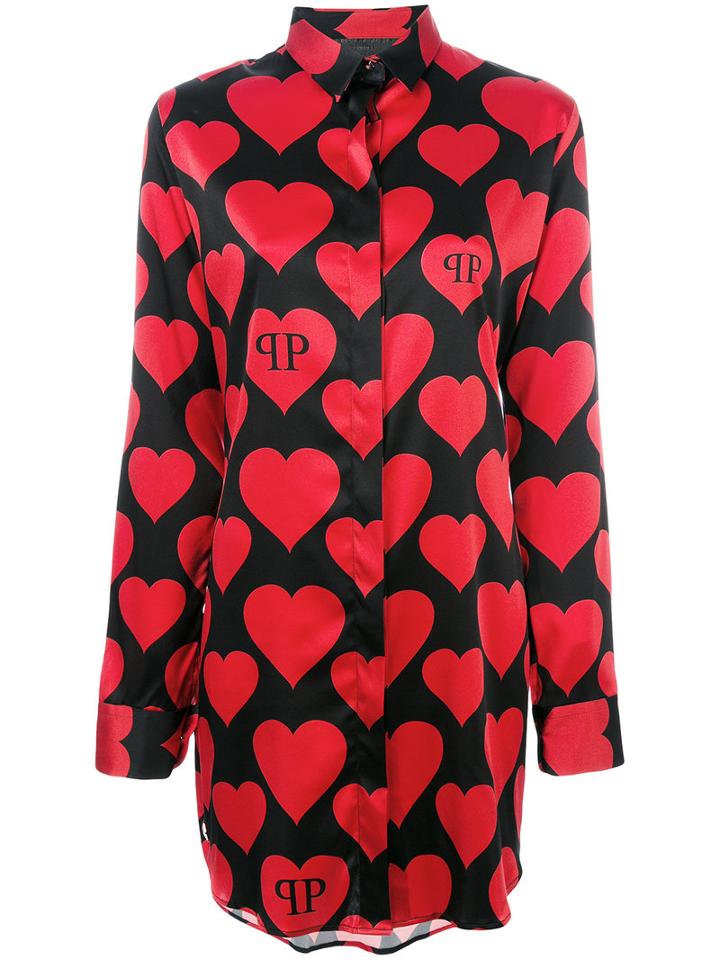 Philipp Plein - Heart Print Longline Shirt - Women - Silk/spandex/elastane - S, Black, Silk/spandex/elastane