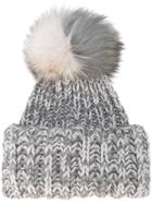 Inverni Bi-colour Wide Cashmere Hat With Fur Pom Pom - Grey