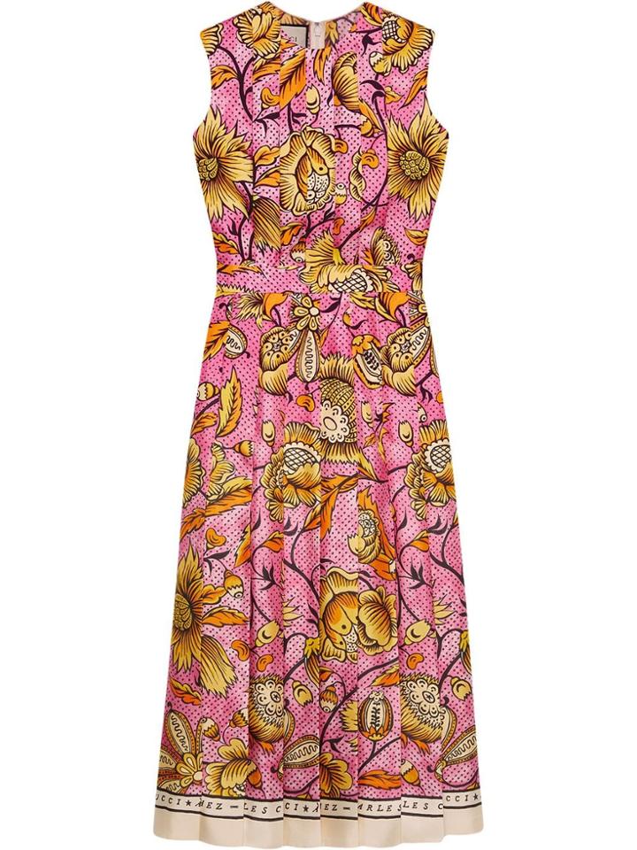 Gucci Floral Print Pleated Dress - Pink