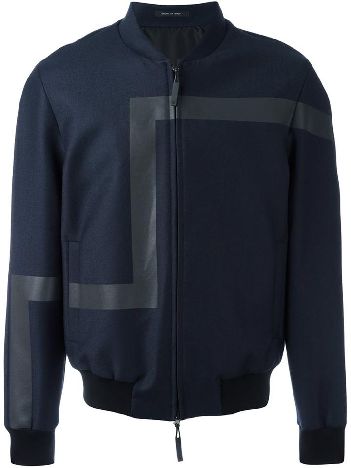 Emporio Armani Geometric Print Bomber Jacket, Men's, Size: 48, Blue, Virgin Wool/polyester/spandex/elastane
