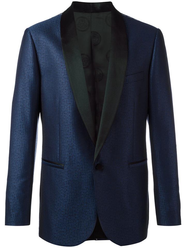 Versace Geometric Jacquard Tuxedo Jacket, Men's, Size: 54, Blue, Silk/virgin Wool/viscose/cotton