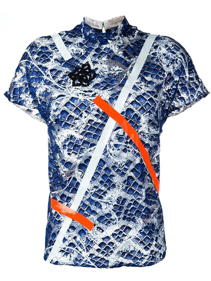 Christopher Kane Tape Detail Printed T-shirt, Women's, Size: 42, Blue, Polyester/nylon/viscose