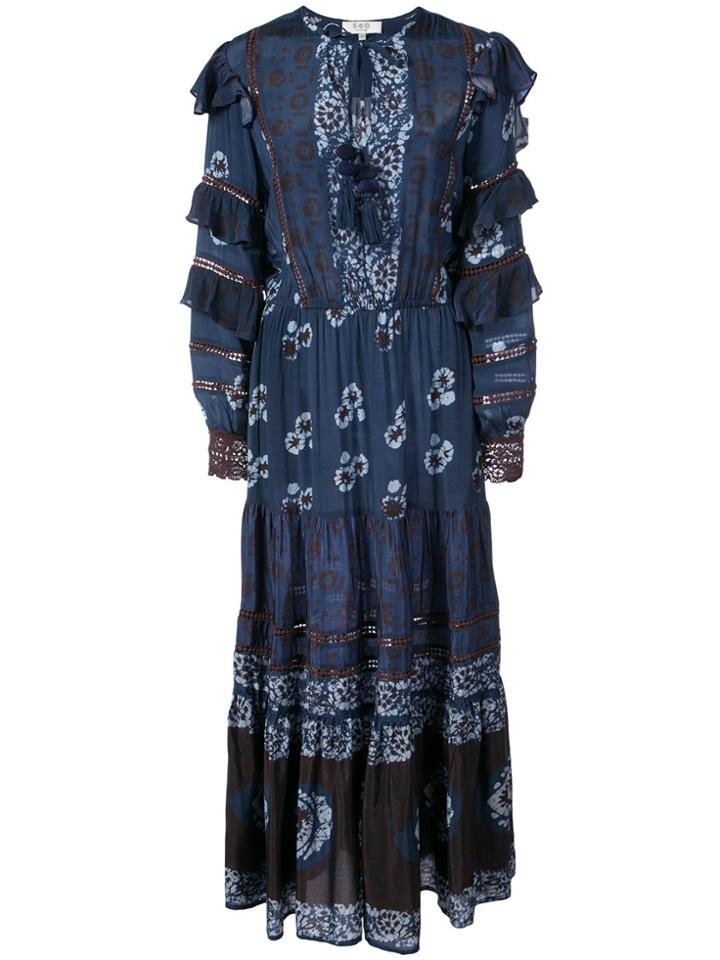 Sea Tie Dye Style Floral Print Maxi Dress - Blue