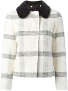Tory Burch Check Print Jacket, Women's, Size: 10, White, Cotton/sheep Skin/shearling/acrylic/other Fibres