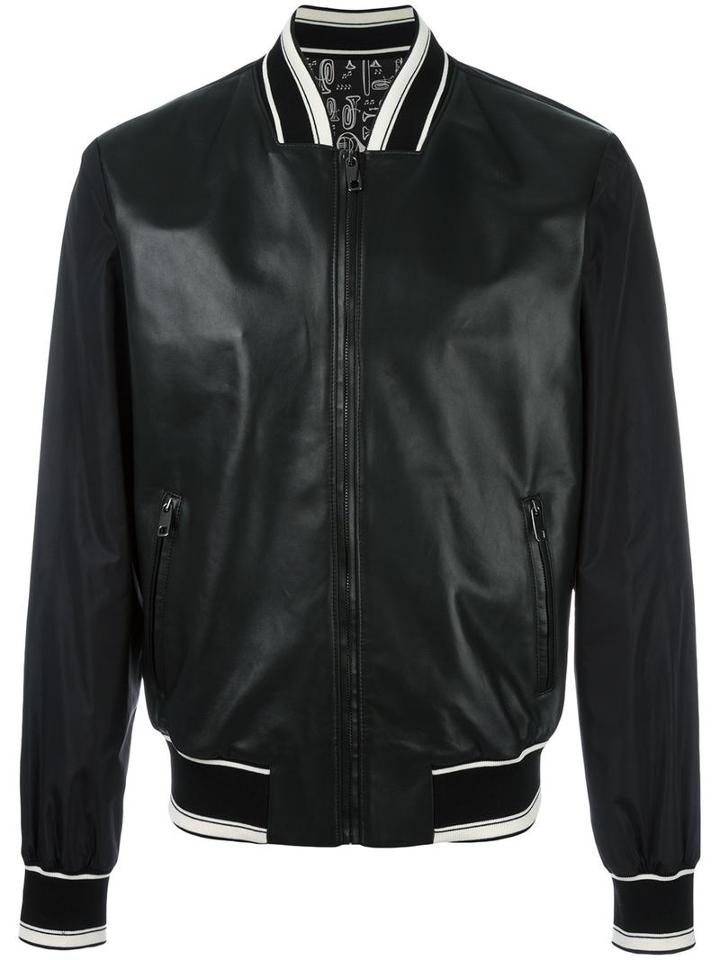 Dolce & Gabbana Leather Bomber Jacket, Men's, Size: 52, Black, Polyamide/sheep Skin/shearling/polyester