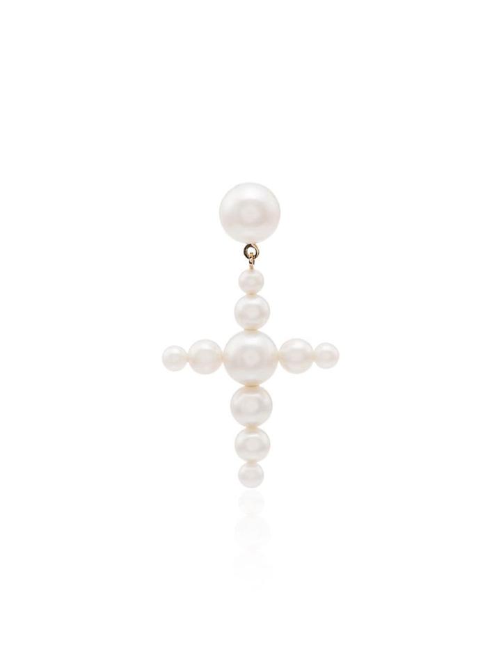 Sophie Bille Brahe 14kt Gold Fellini Pearl Cross Earring - White
