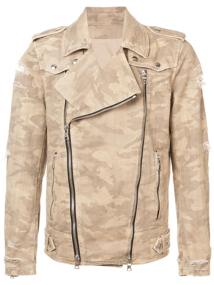Balmain Destroyed Camouflage Print Biker Jacket - Brown