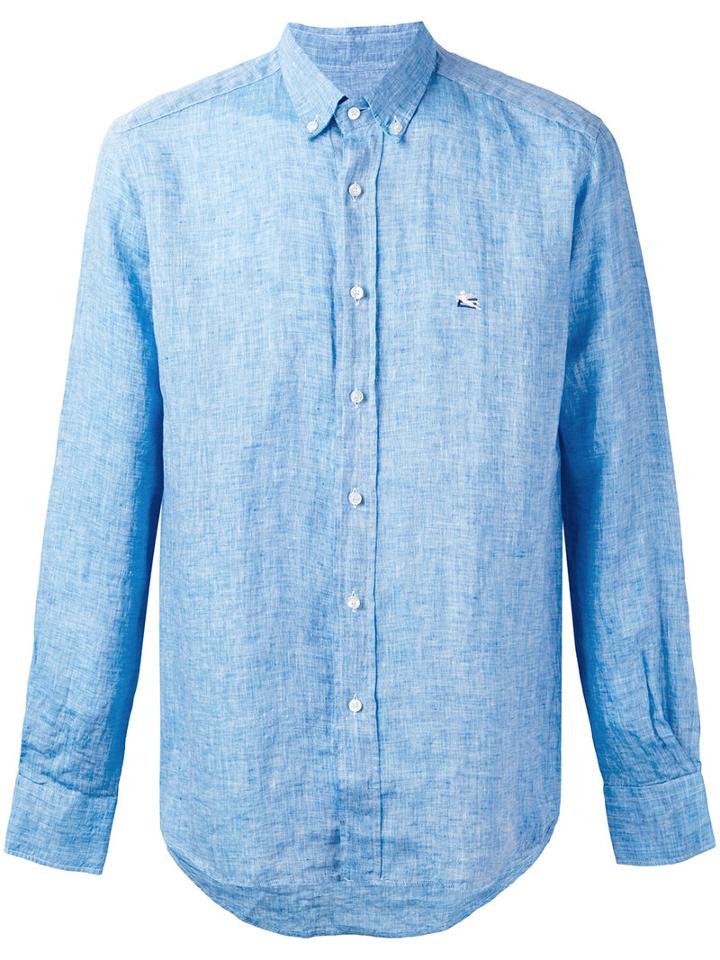 Etro - Logo Embroidered Shirt - Men - Linen/flax - 42, Blue, Linen/flax