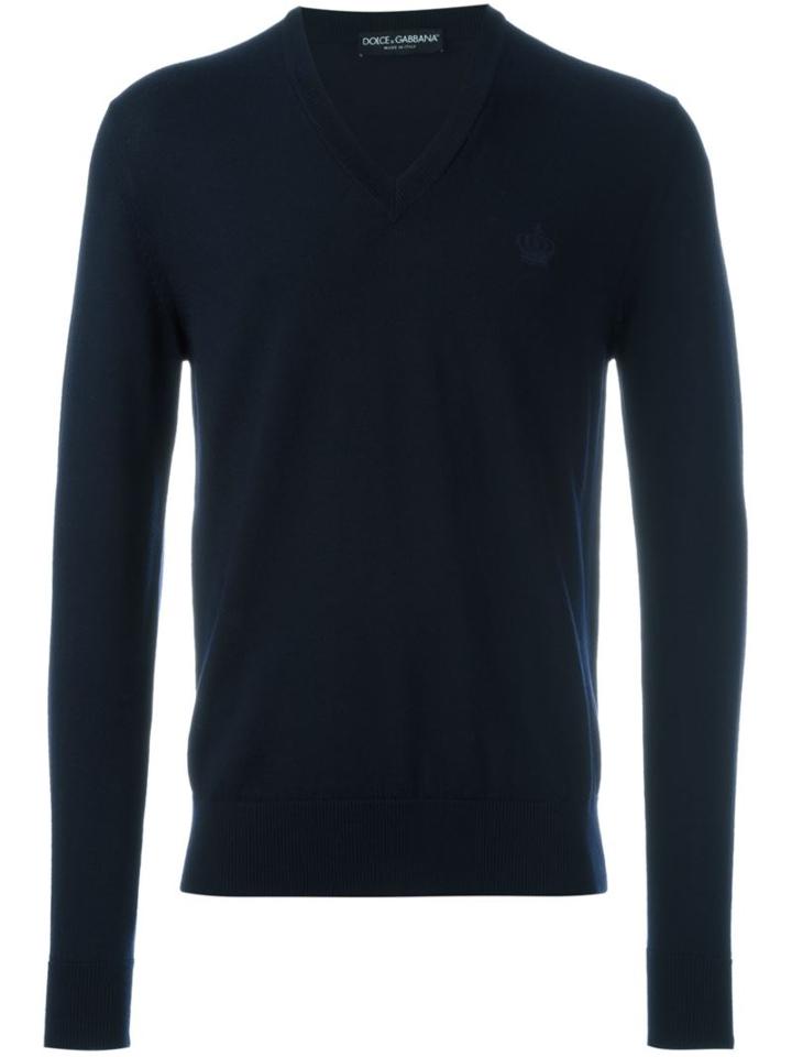 Dolce & Gabbana Embroidered Crown Jumper, Men's, Size: 52, Blue, Virgin Wool