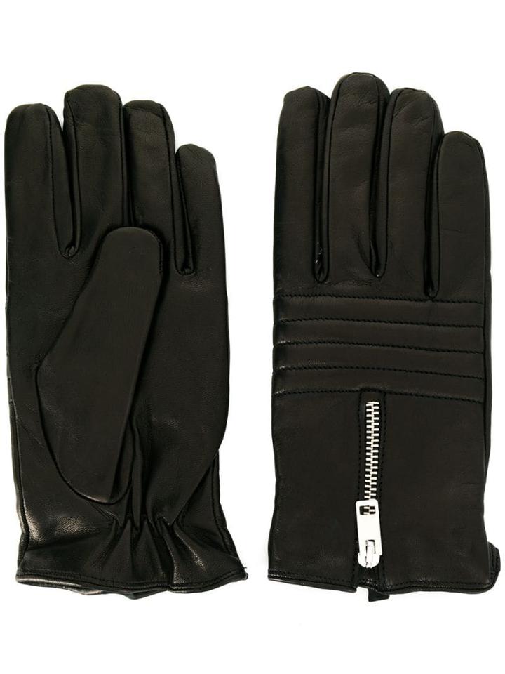 Diesel Zip Detail Leather Gloves - Black